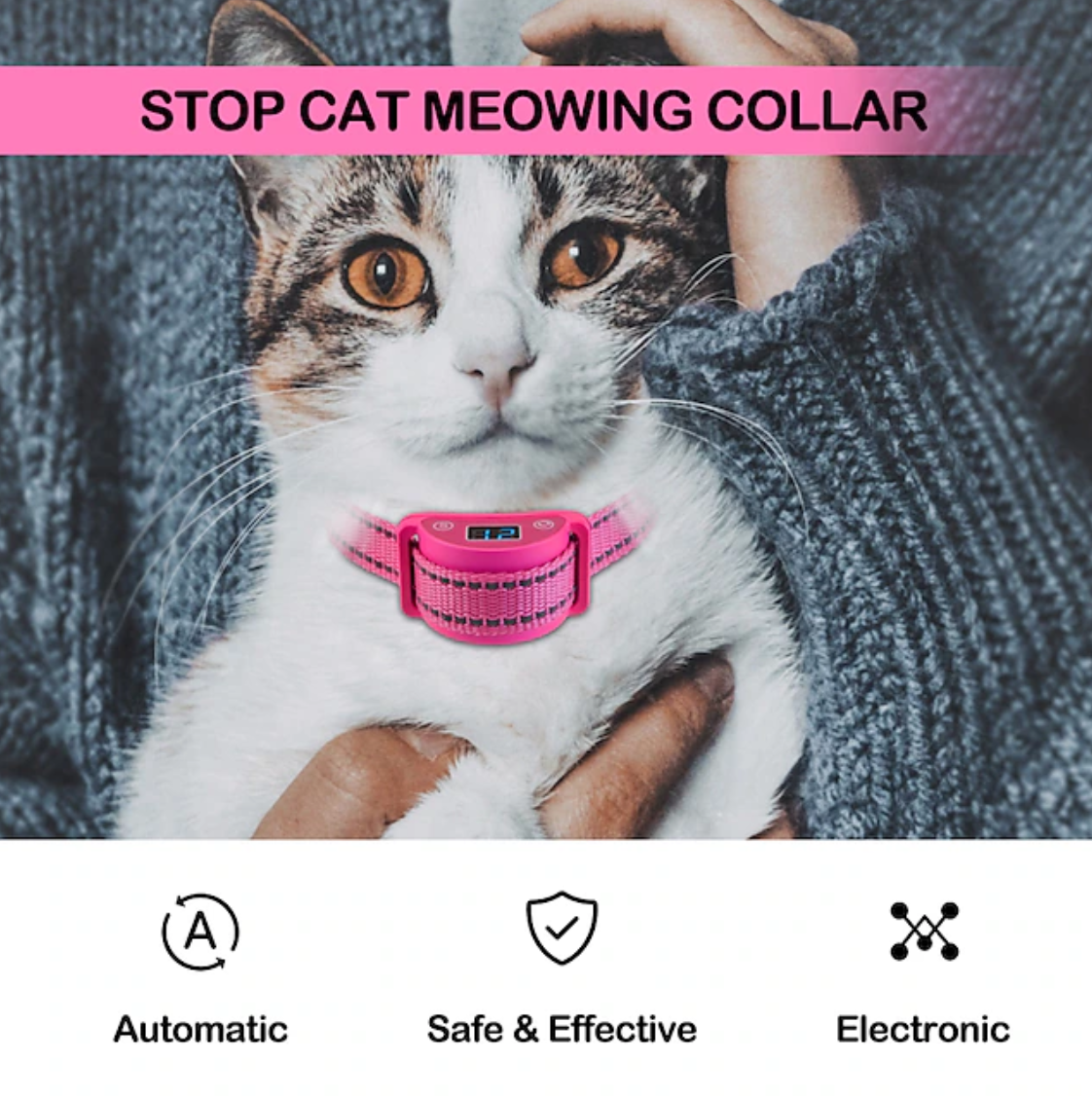 Barra Stop Gato Rosapara Gatos Previene el Maullido 5 Niveles de Entrenamiento Progresivo - Seguro y Reflectante
